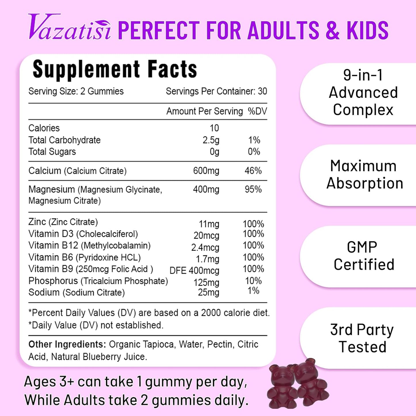 Vegan Calcium Gummies with Magnesium, Zinc, Vitamin D3 & B12 - 120 Blueberry Flavor Gummies for Bone, Muscle, Immunity - Men & Women