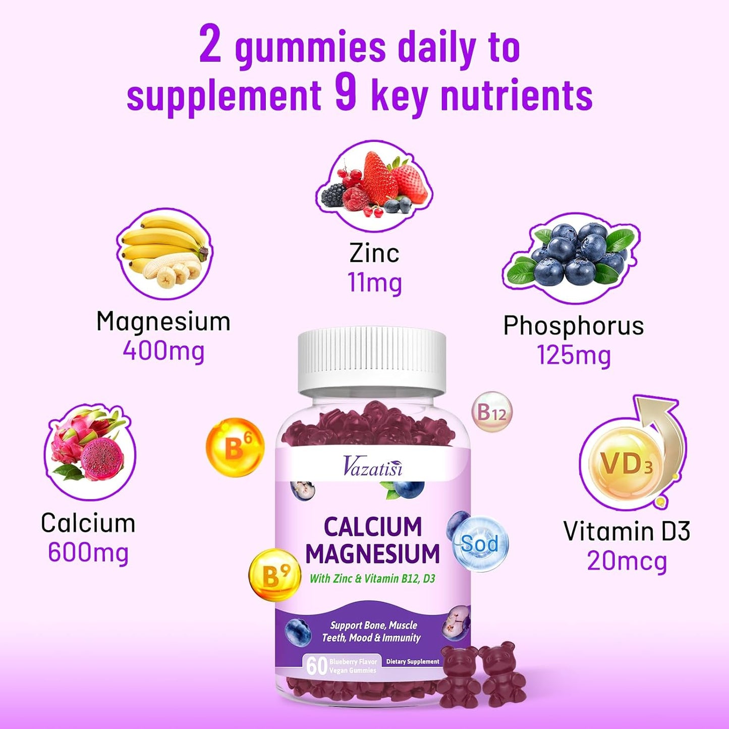 Vegan Calcium Gummies with Magnesium, Zinc, Vitamin D3 & B12 - 120 Blueberry Flavor Gummies for Bone, Muscle, Immunity - Men & Women