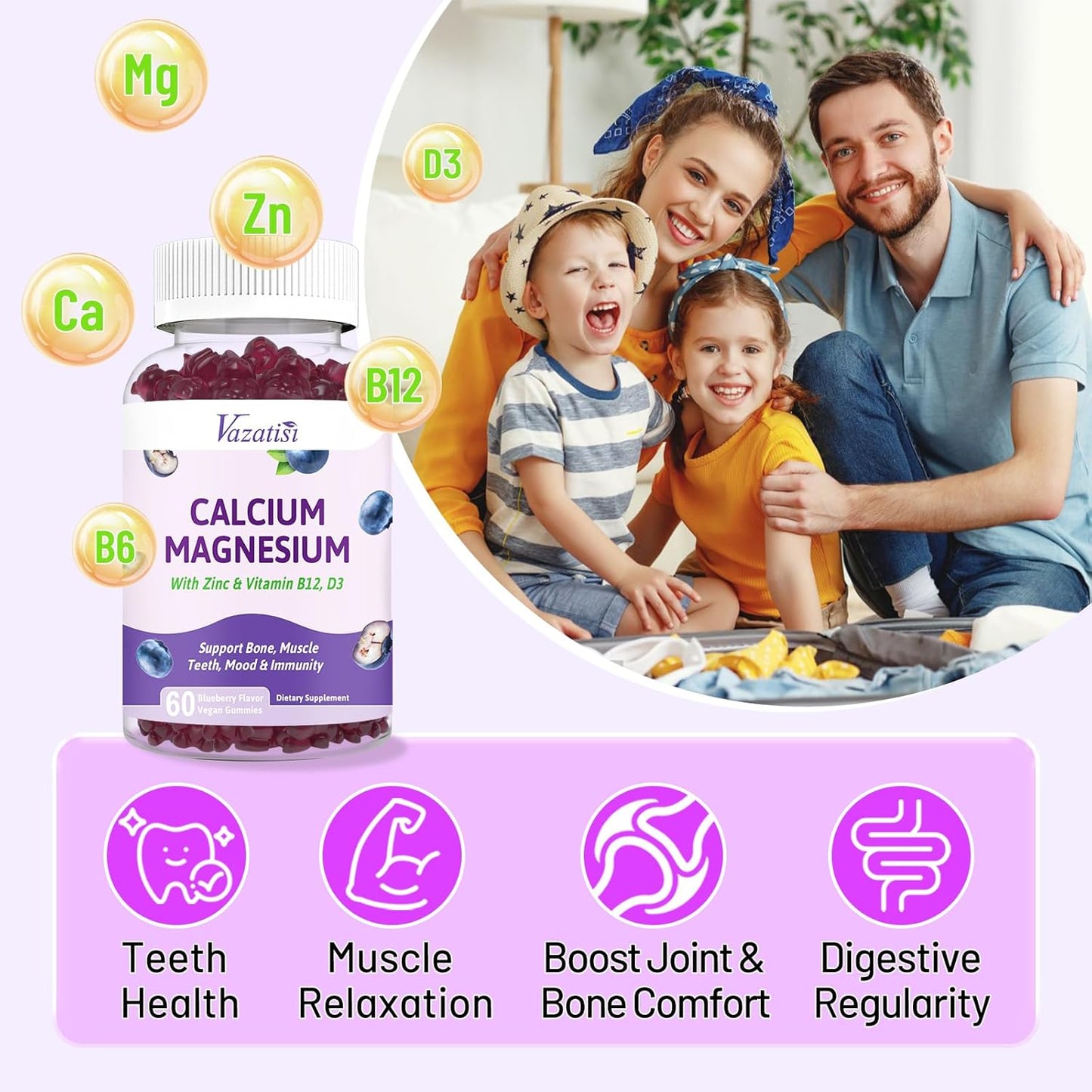 Vegan Calcium Gummies with Magnesium, Zinc, Vitamin D3 & B12 - 120 Blueberry Flavor Gummies for Bone, Muscle, Immunity - Men & Women