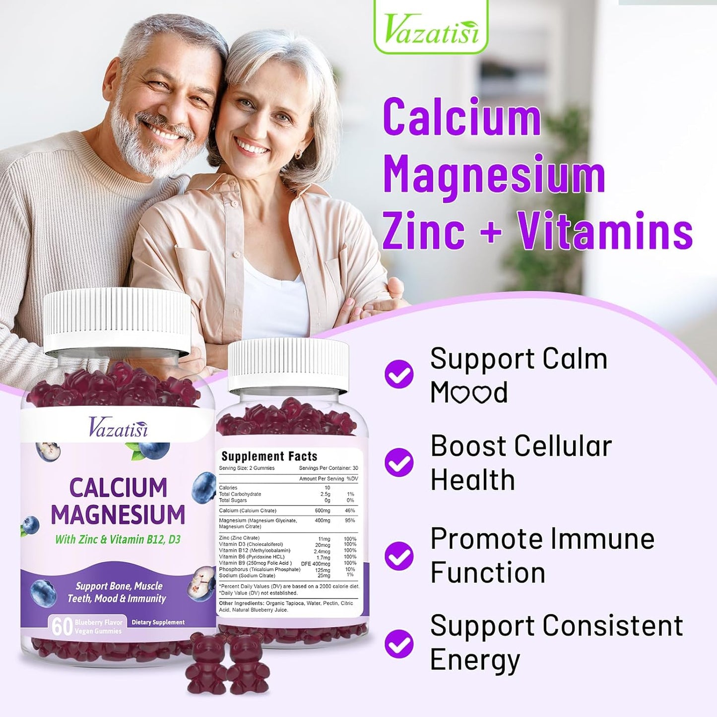 Vegan Calcium Gummies with Magnesium, Zinc, Vitamin D3 & B12 - 120 Blueberry Flavor Gummies for Bone, Muscle, Immunity - Men & Women