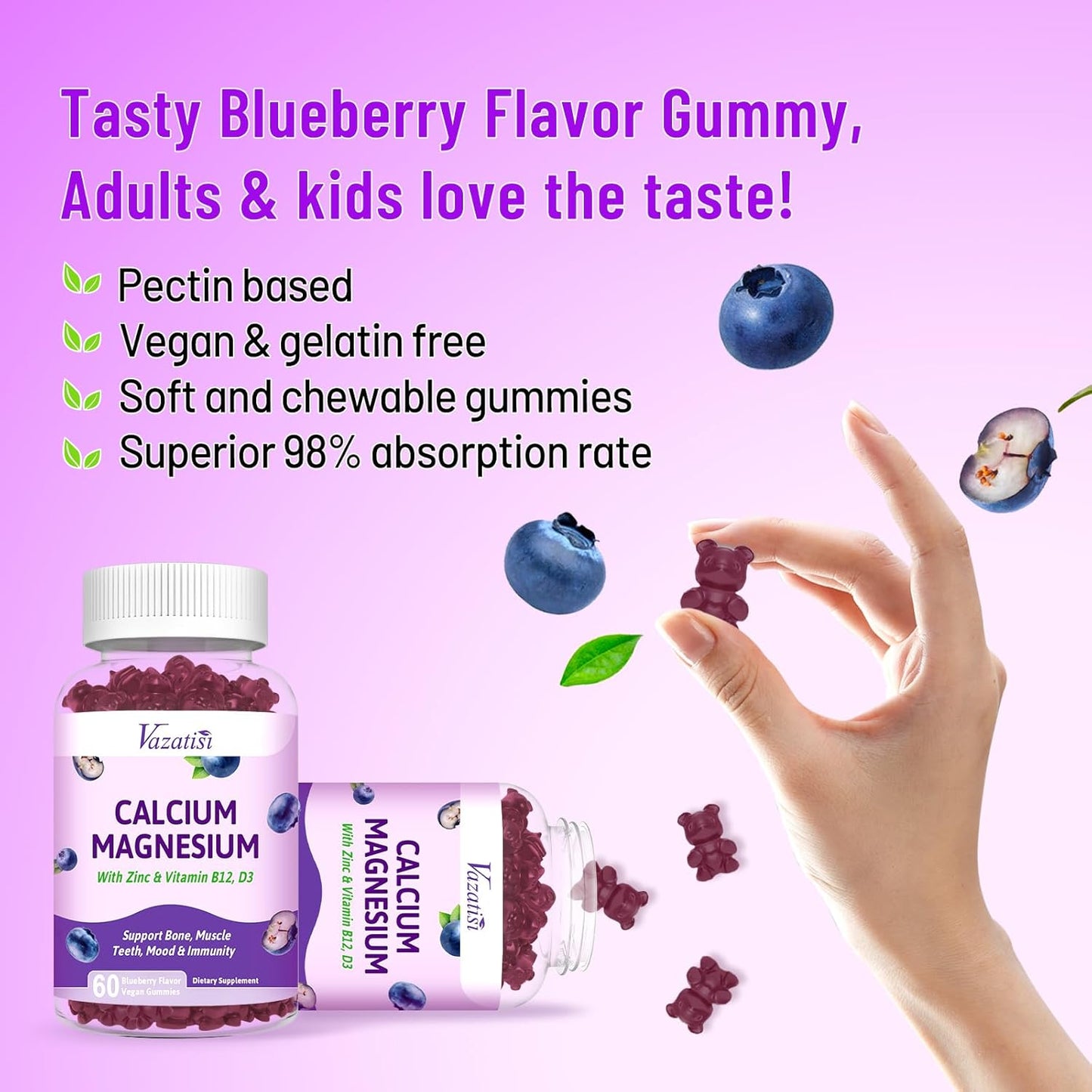 Vegan Calcium Gummies with Magnesium, Zinc, Vitamin D3 & B12 - 120 Blueberry Flavor Gummies for Bone, Muscle, Immunity - Men & Women
