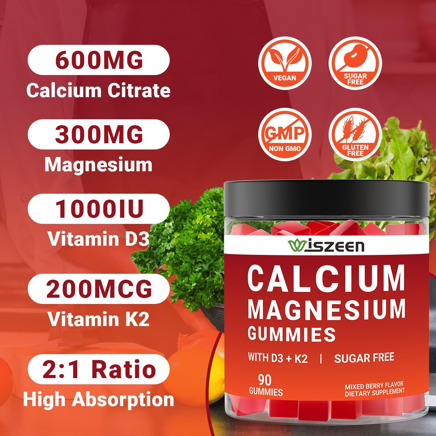 Vegan Calcium Gummies with Vitamin D3 K2, Zinc & Manganese for Bone, Muscle & Immune Support