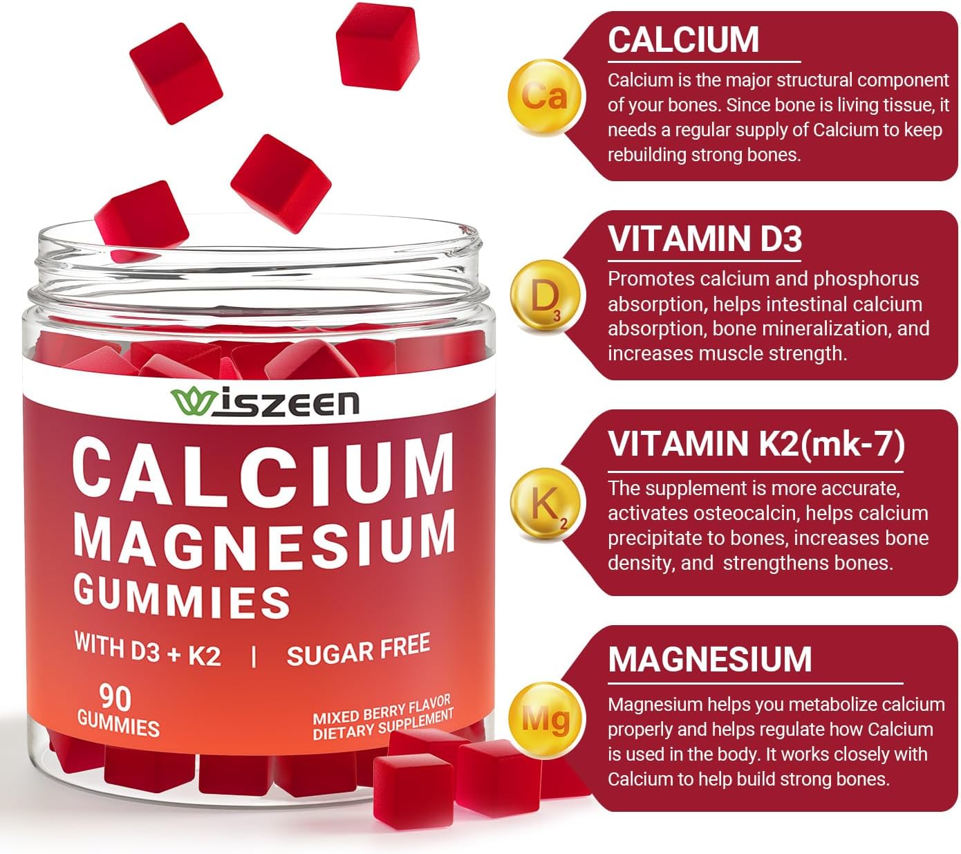 Vegan Calcium Gummies with Vitamin D3 K2, Zinc & Manganese for Bone, Muscle & Immune Support