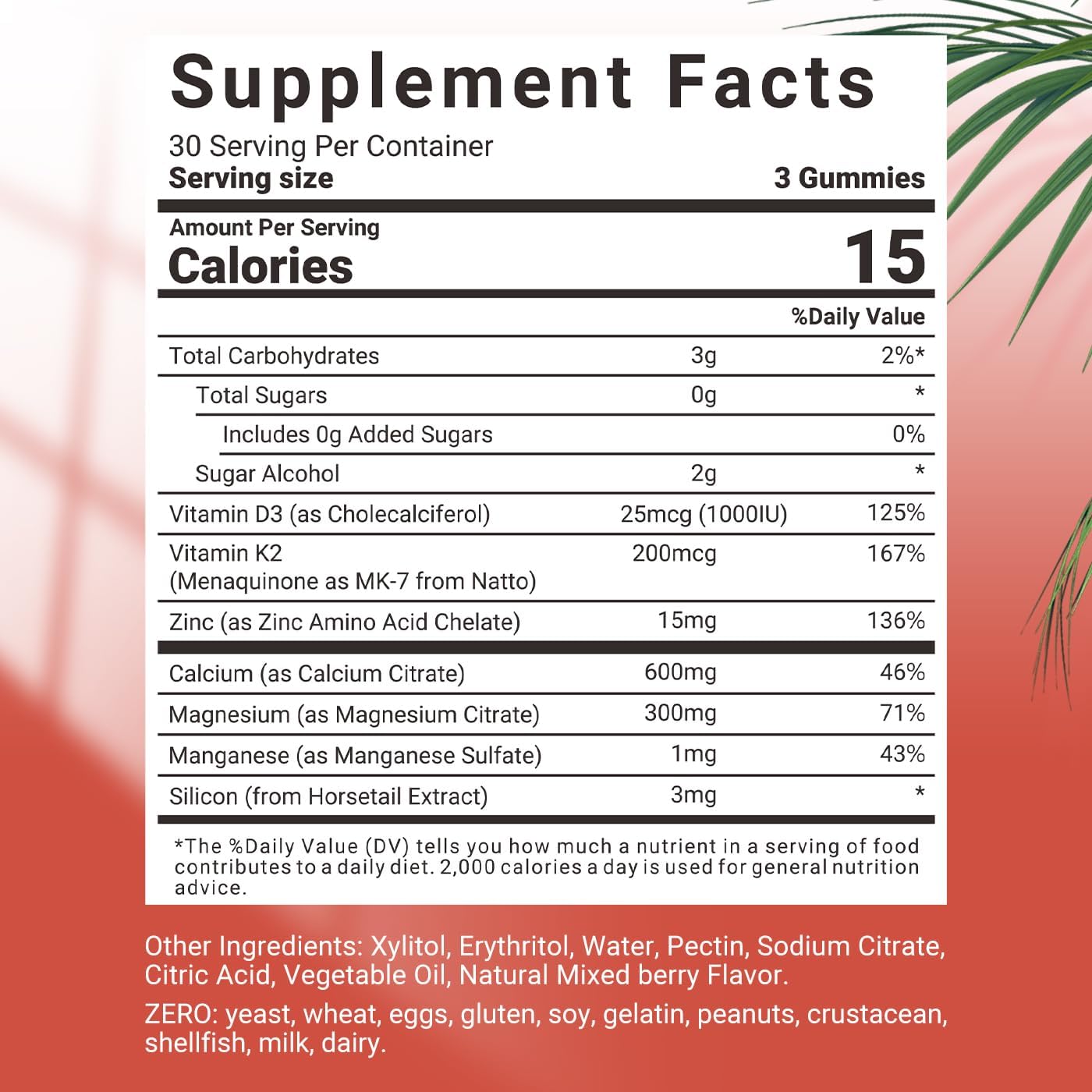 Vegan Calcium Gummies with Vitamin D3 K2, Zinc & Manganese for Bone, Muscle & Immune Support