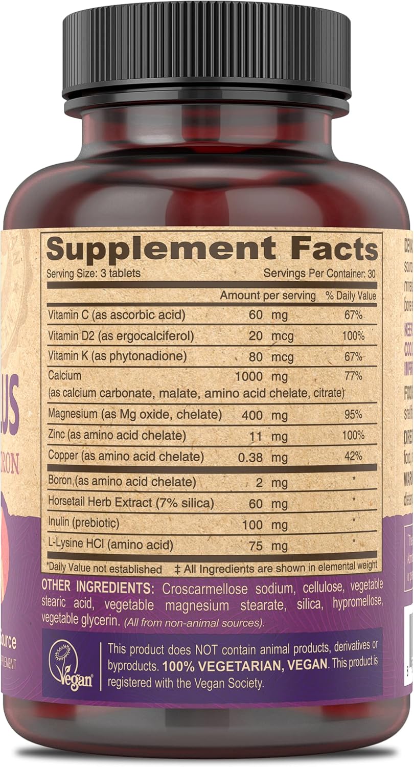 Vegan Calcium Magnesium Supplement with Zinc, Vitamin C, D, K, & Boron - Gluten & Sugar Free (90 Tablets)