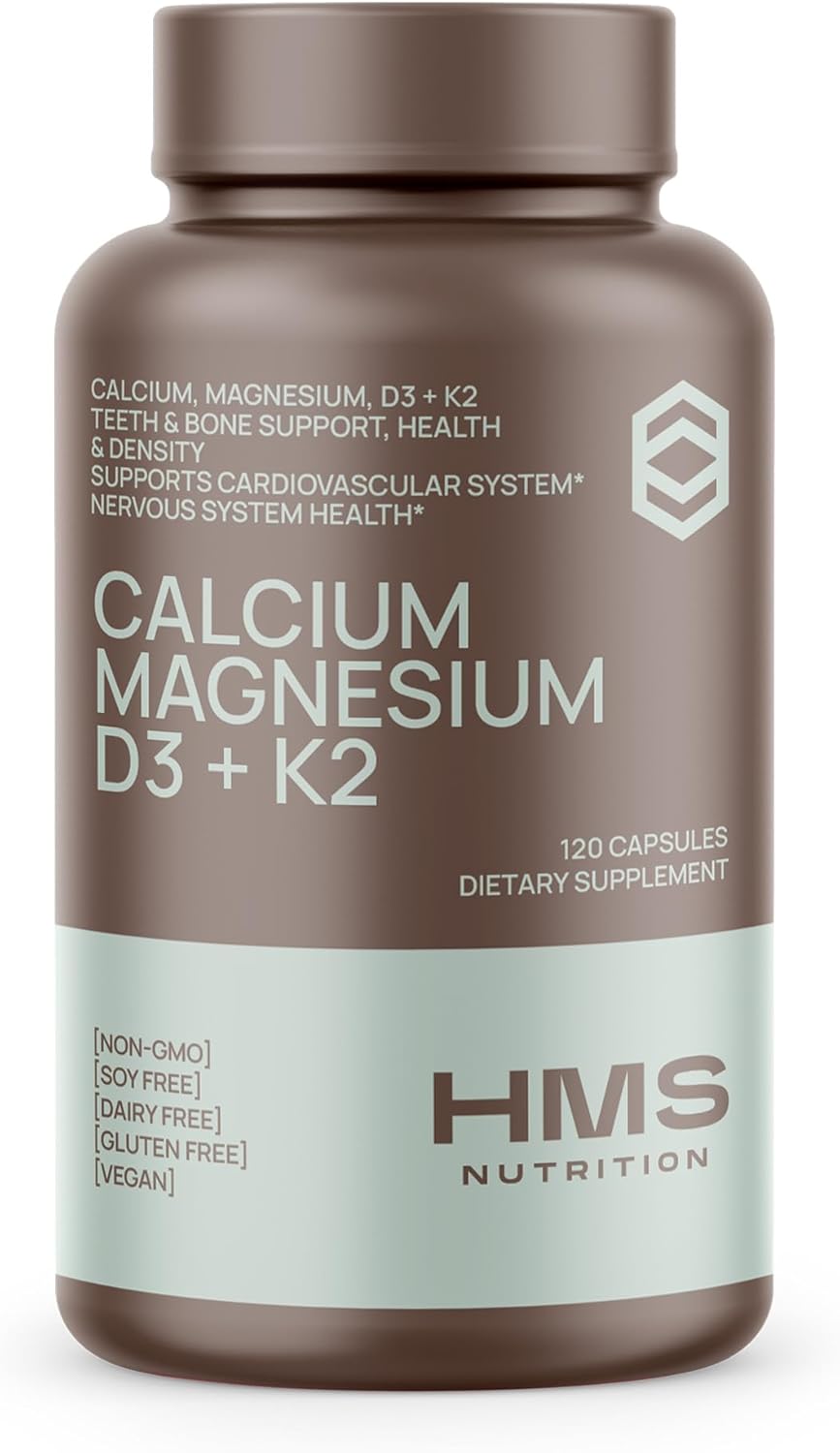 Vegan Calcium, Magnesium, Vitamin D3, and K2 Capsules - 60 Day Supply for Immune System & Bone Health - Non-GMO, Soy-Free, Dairy-Free