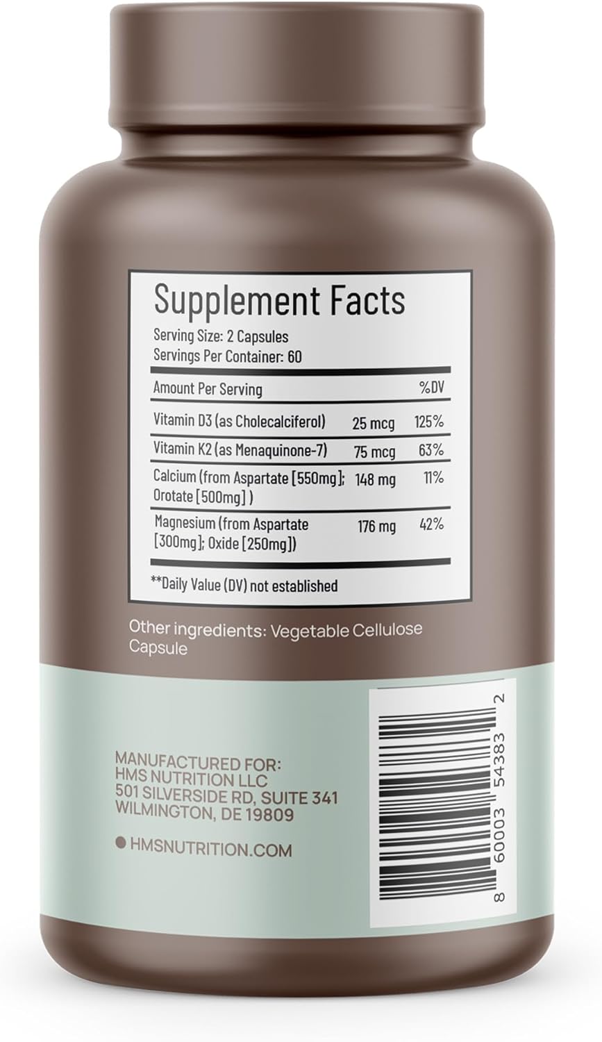 Vegan Calcium, Magnesium, Vitamin D3, and K2 Capsules - 60 Day Supply for Immune System & Bone Health - Non-GMO, Soy-Free, Dairy-Free