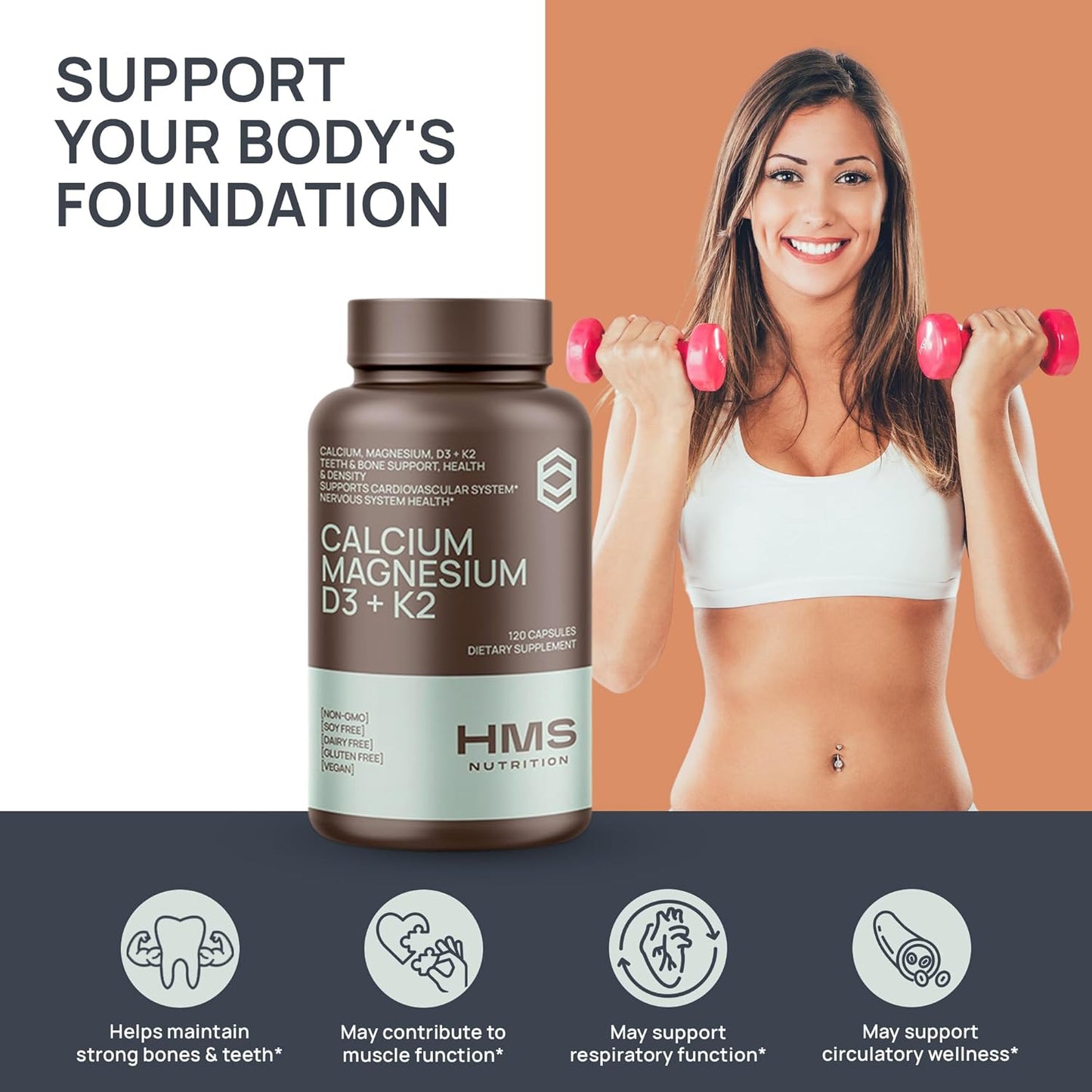 Vegan Calcium, Magnesium, Vitamin D3, and K2 Capsules - 60 Day Supply for Immune System & Bone Health - Non-GMO, Soy-Free, Dairy-Free