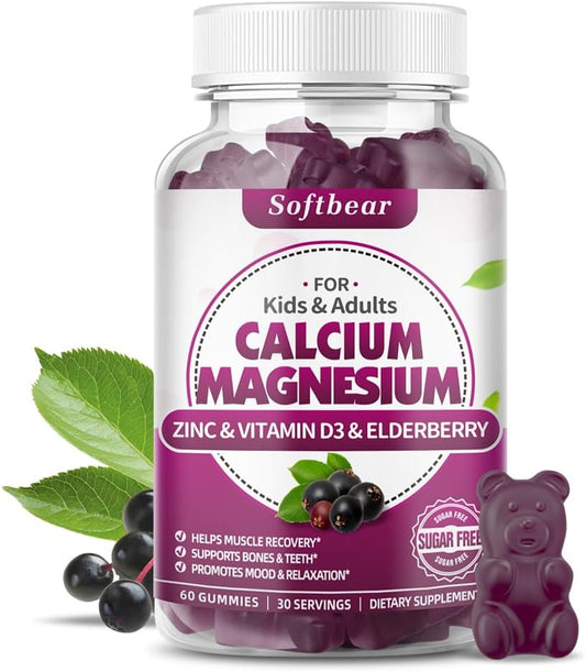 Vegan Calcium Magnesium Zinc Gummies for Women - Chewable Supplement for Bone Strength - High Absorption - Elderberry Flavor - 60 Gummies