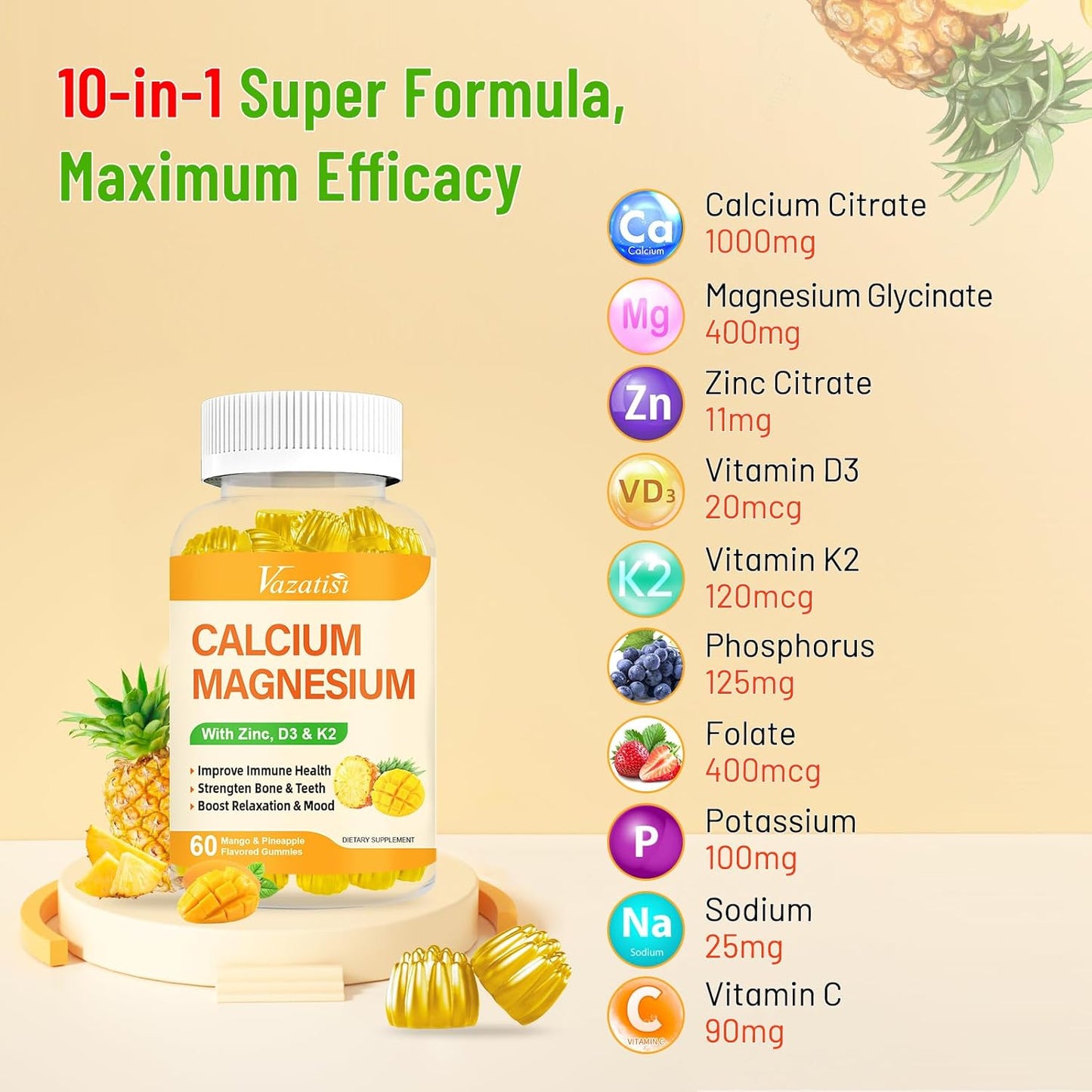 Vegan Calcium Magnesium Zinc Gummies with Vitamin D3 & K2 for Immune, Bone, and Muscles - Mango Pineapple Flavor (120 Gummies)