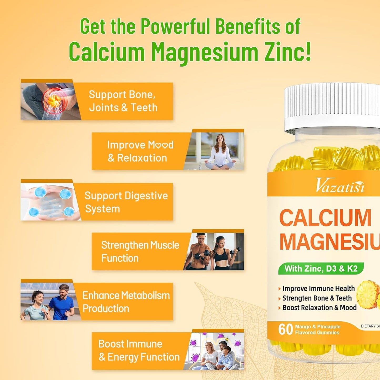 Vegan Calcium Magnesium Zinc Gummies with Vitamin D3 & K2 for Immune, Bone, and Muscles - Mango Pineapple Flavor (120 Gummies)