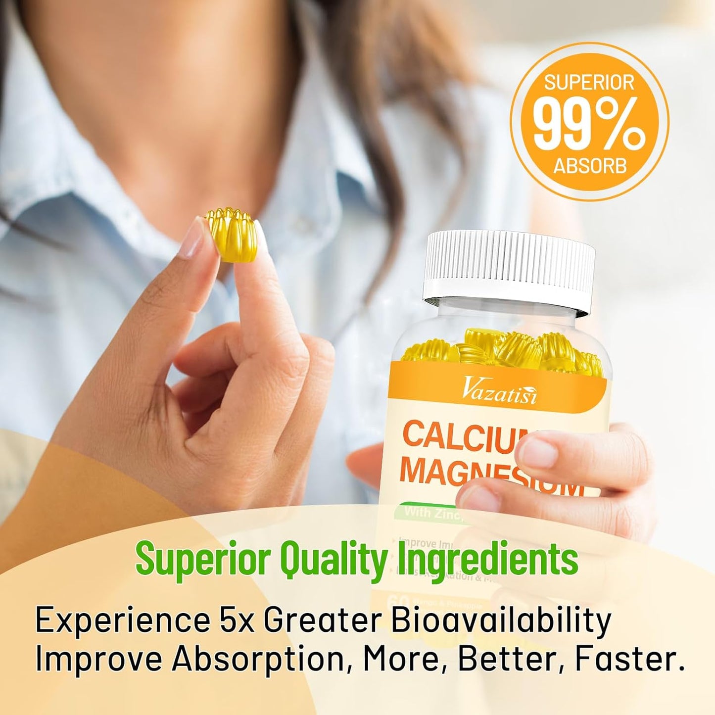 Vegan Calcium Magnesium Zinc Gummies with Vitamin D3 & K2 for Immune, Bone, and Muscles - Mango Pineapple Flavor (120 Gummies)