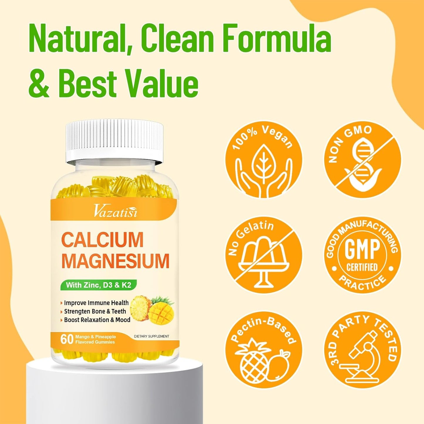 Vegan Calcium Magnesium Zinc Gummies with Vitamin D3 & K2 for Immune, Bone, and Muscles - Mango Pineapple Flavor (120 Gummies)