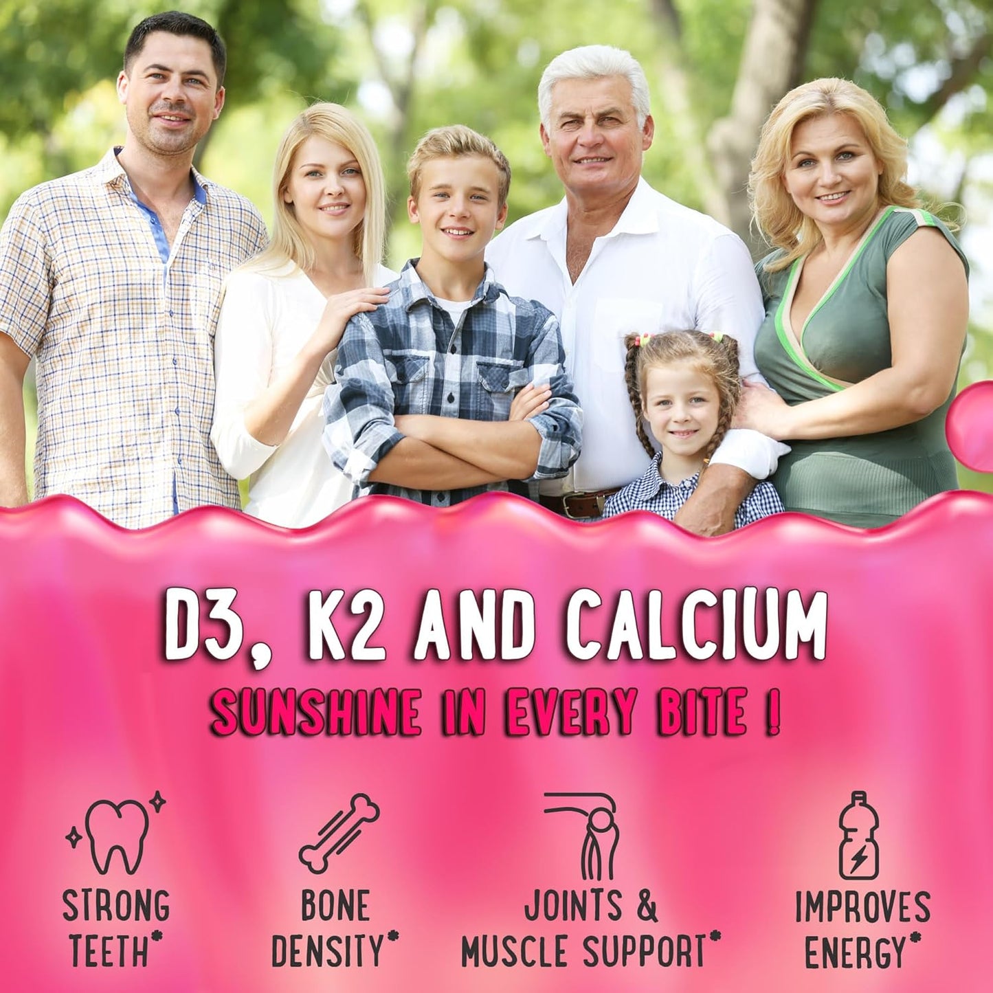 Vegan Center-Filled Vitamin D3 K2 Gummies for Teeth, Bone, Energy & Immunity - Kids, Teens & Adults - 5000 IU D3, 120 mcg K2(MK-7), 120 mg Calcium - Non-GMO - 60 Count