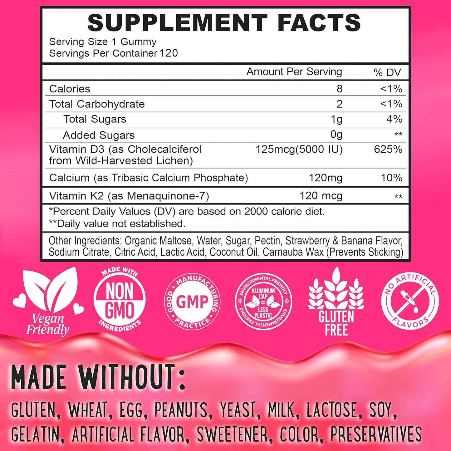 Vegan Center-Filled Vitamin D3 K2 Gummies for Teeth, Bone, Energy & Immunity - Kids, Teens & Adults - 5000 IU D3, 120 mcg K2(MK-7), 120 mg Calcium - Non-GMO - 60 Count