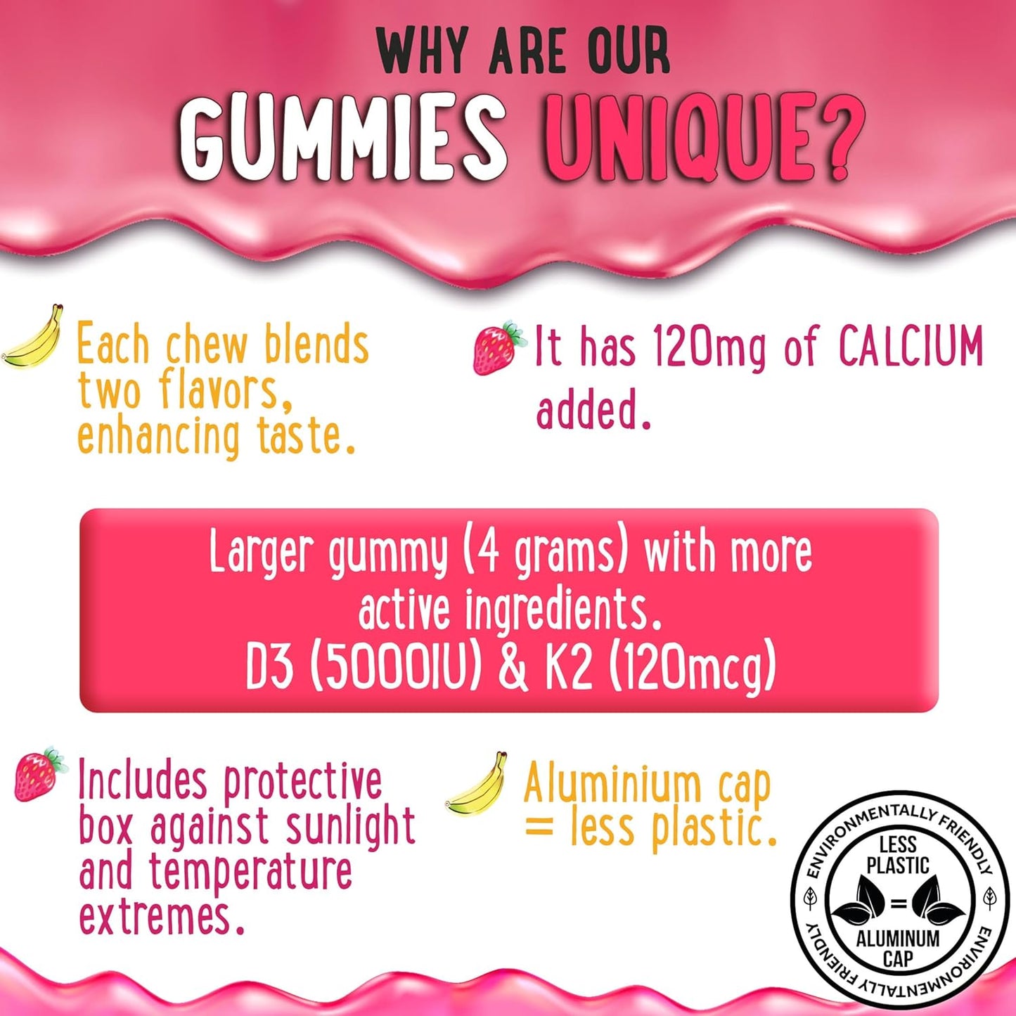 Vegan Center-Filled Vitamin D3 K2 Gummies for Teeth, Bone, Energy & Immunity - Kids, Teens & Adults - 5000 IU D3, 120 mcg K2(MK-7), 120 mg Calcium - Non-GMO - 60 Count