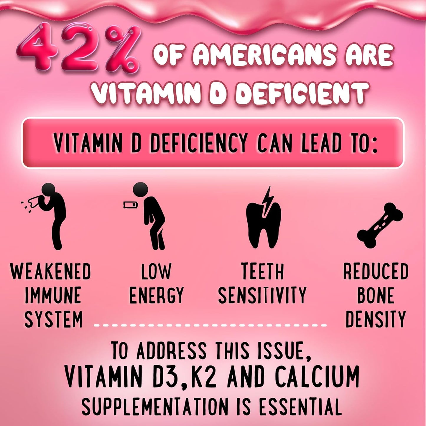 Vegan Center-Filled Vitamin D3 K2 Gummies for Teeth, Bone, Energy & Immunity - Kids, Teens & Adults - 5000 IU D3, 120 mcg K2(MK-7), 120 mg Calcium - Non-GMO - 60 Count