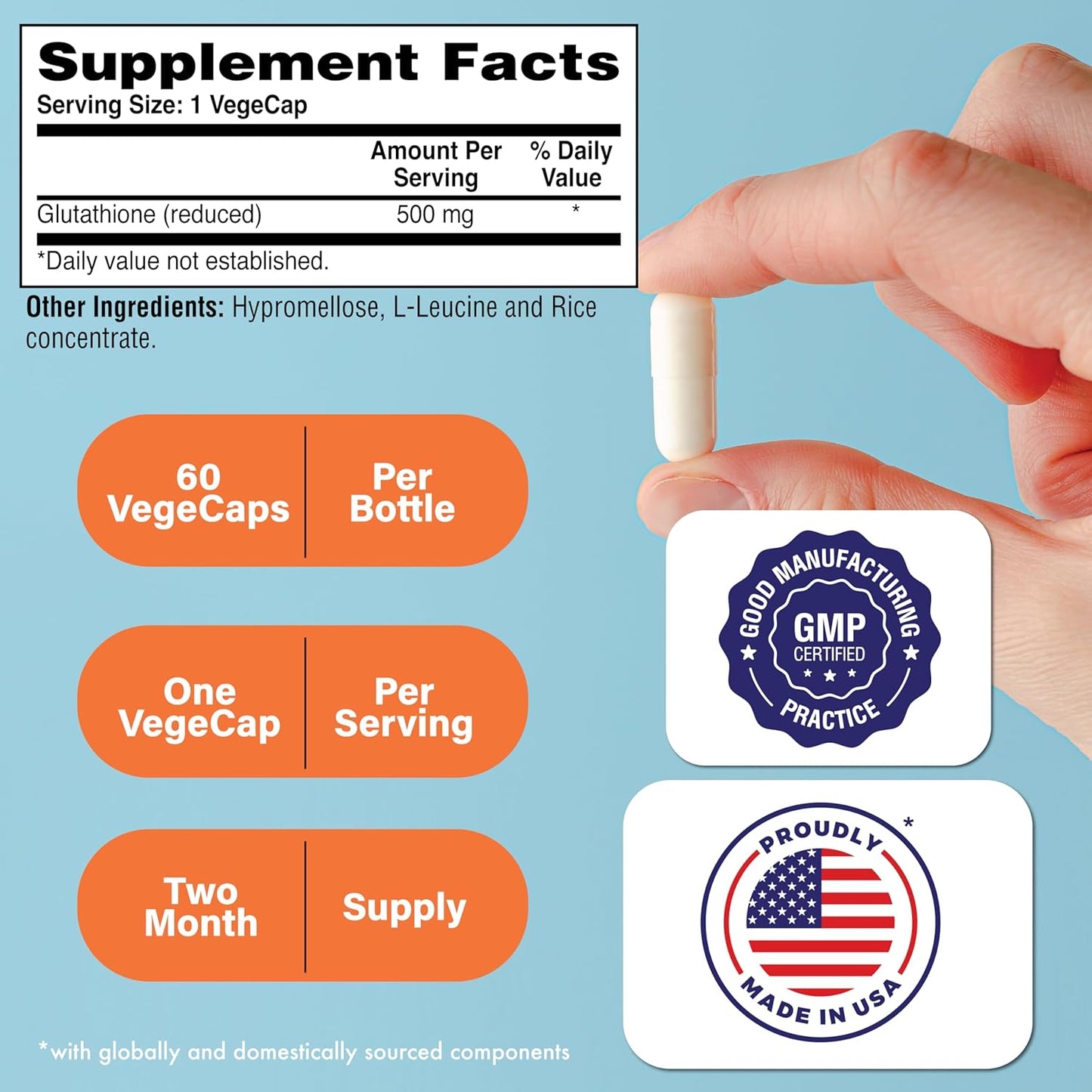 Vegan Certified Glutathione Reduced 500mg Vegecaps - Master Antioxidant for Healthy Skin and Cellular Aging Support - Non GMO and Hypoallergenic - Pack of 60