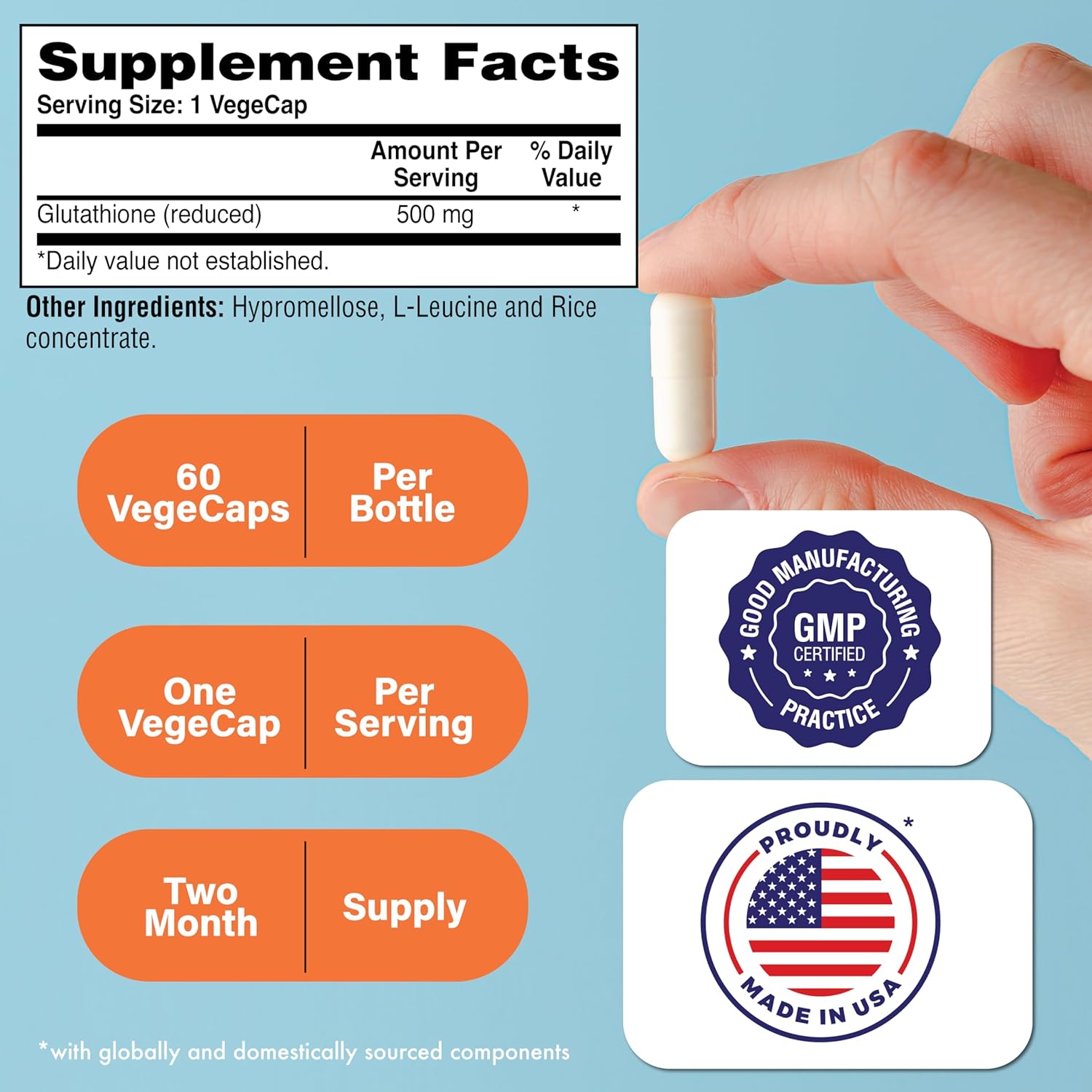 Vegan Certified Glutathione Reduced 500mg Vegecaps - Master Antioxidant for Healthy Skin and Cellular Aging Support - Non GMO and Hypoallergenic - Pack of 60