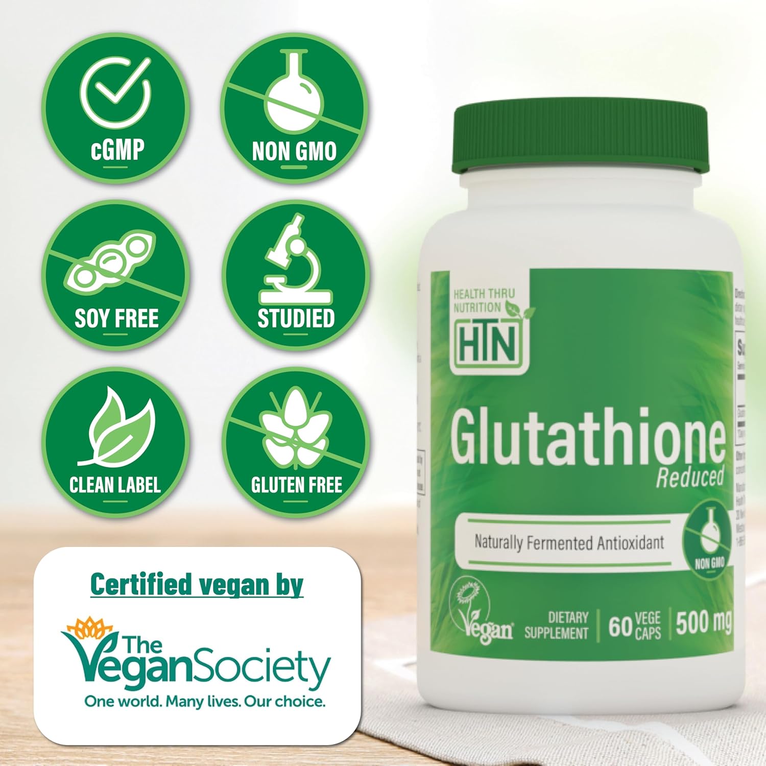 Vegan Certified Glutathione Reduced 500mg Vegecaps - Master Antioxidant for Healthy Skin and Cellular Aging Support - Non GMO and Hypoallergenic - Pack of 60
