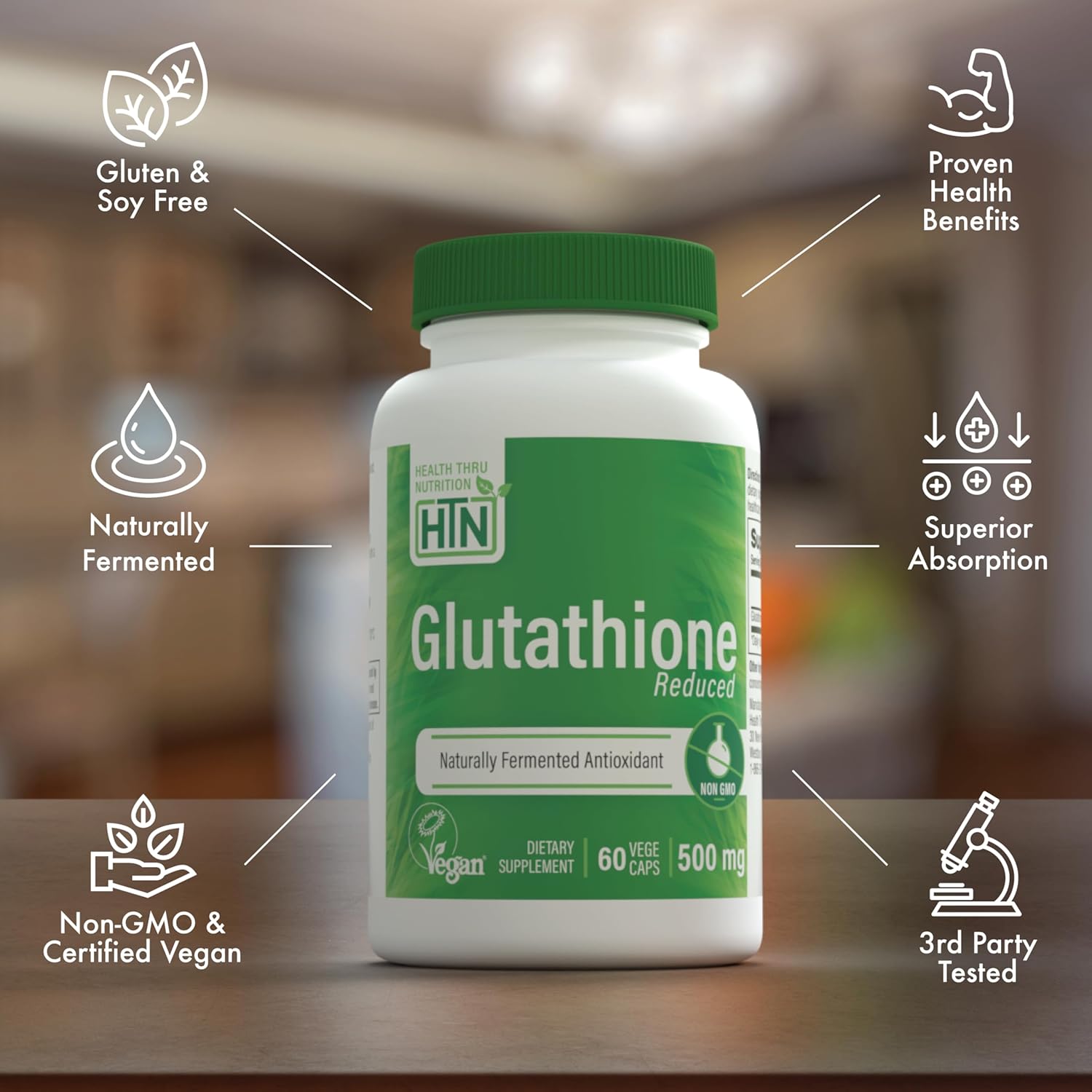 Vegan Certified Glutathione Reduced 500mg Vegecaps - Master Antioxidant for Healthy Skin and Cellular Aging Support - Non GMO and Hypoallergenic - Pack of 60