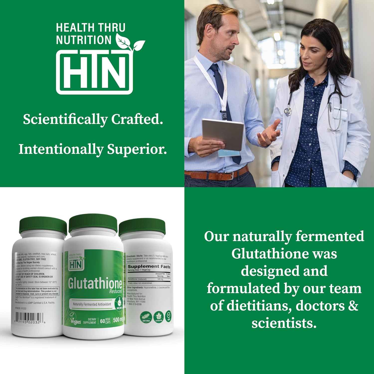 Vegan Certified Glutathione Reduced 500mg Vegecaps - Master Antioxidant for Healthy Skin and Cellular Aging Support - Non GMO and Hypoallergenic - Pack of 60