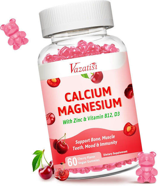 Vegan Cherry Flavored Calcium Magnesium Zinc Gummies with Vitamin D3 & B12 for Bone, Muscle, Mood, and Immunity Support - 60 Gummies