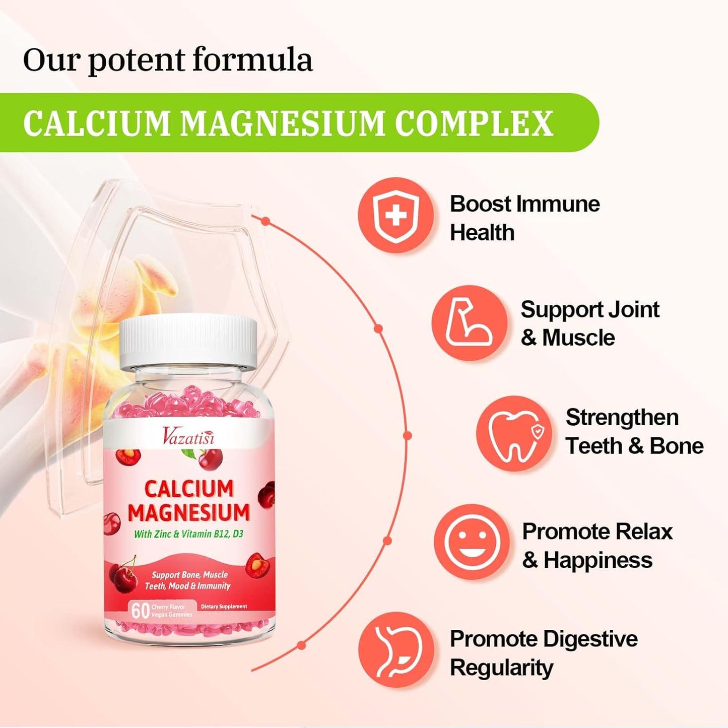 Vegan Cherry Flavored Calcium Magnesium Zinc Gummies with Vitamin D3 & B12 for Bone, Muscle, Mood, and Immunity Support - 60 Gummies