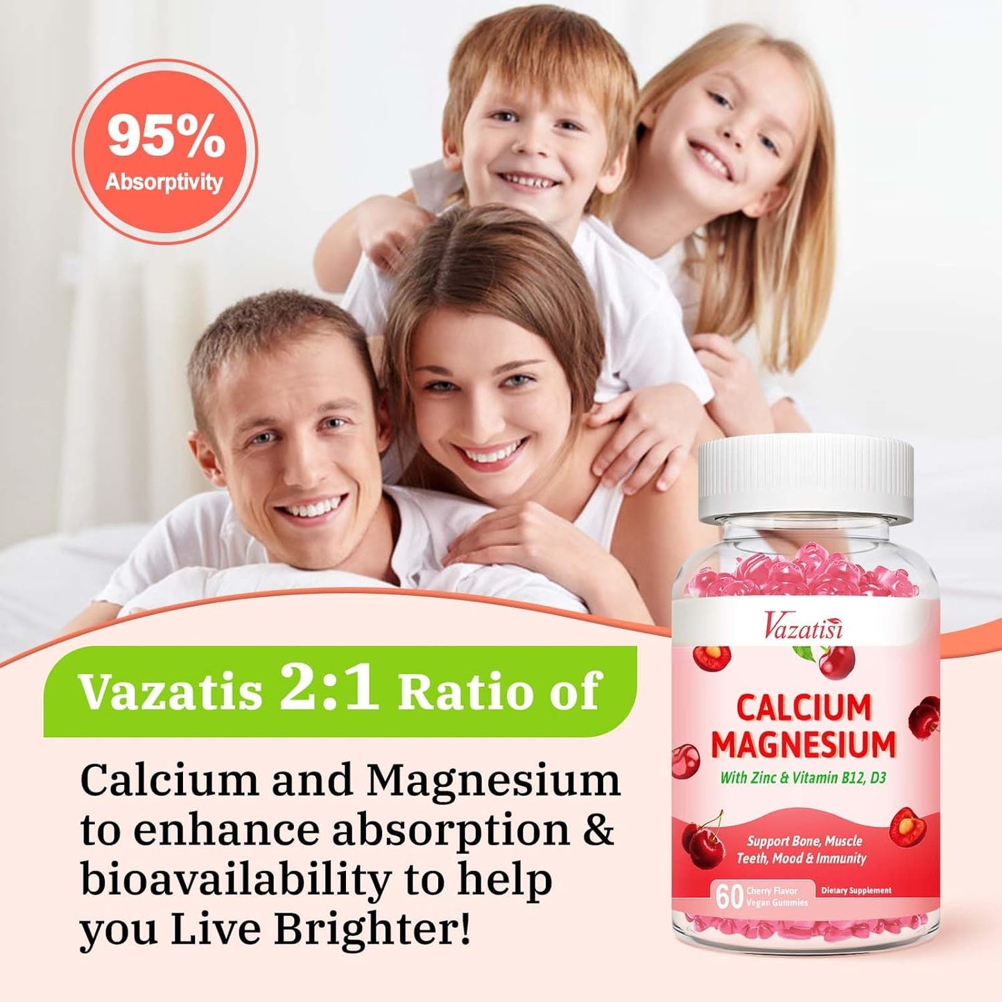 Vegan Cherry Flavored Calcium Magnesium Zinc Gummies with Vitamin D3 & B12 for Bone, Muscle, Mood, and Immunity Support - 60 Gummies