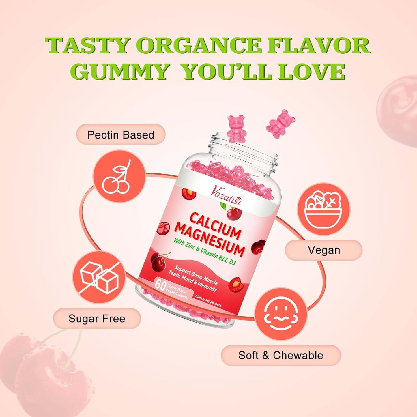 Vegan Cherry Flavored Calcium Magnesium Zinc Gummies with Vitamin D3 & B12 for Bone, Muscle, Mood, and Immunity Support - 60 Gummies