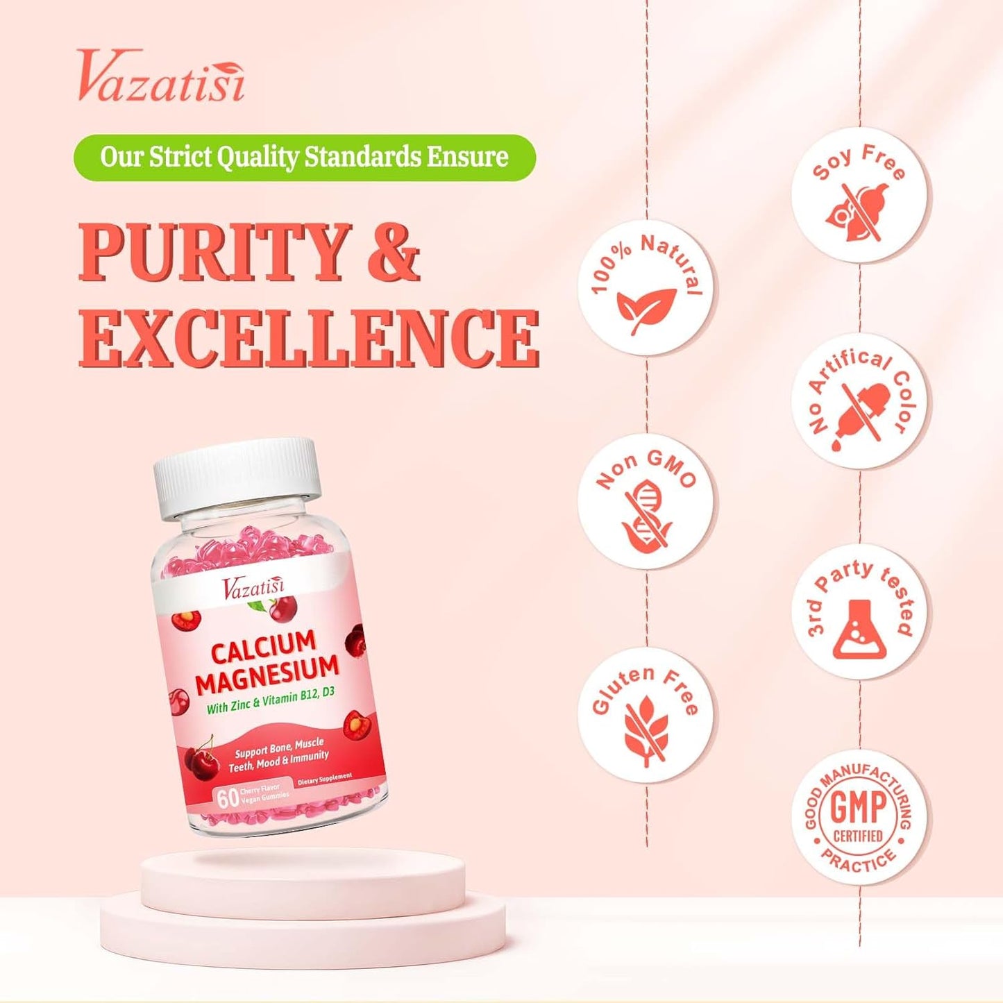Vegan Cherry Flavored Calcium Magnesium Zinc Gummies with Vitamin D3 & B12 for Bone, Muscle, Mood, and Immunity Support - 60 Gummies