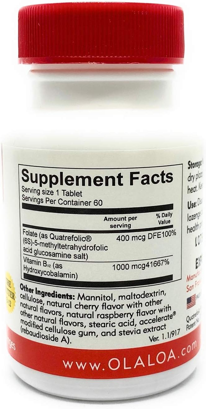 Vegan Cherry Flavored Vitamin B12 Sublingual Tablets with Active Folate - Energy Boost and Nerve Support - 60 Count