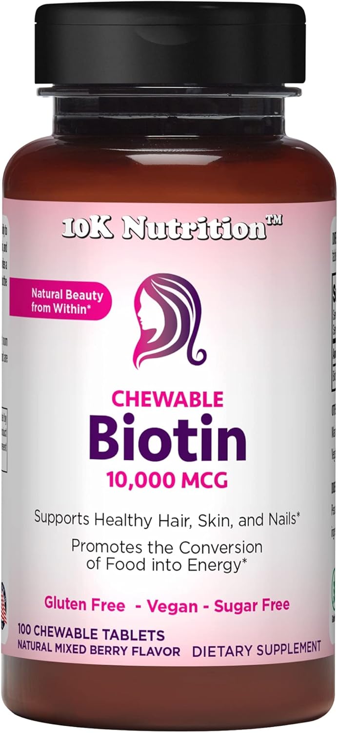 Vegan Chewable Biotin 10,000mcg Tablets - Mixed Berry Flavor - Supports Healthy Hair, Skin & Nails - Non-GMO - Gluten & Sugar Free - 100 Count