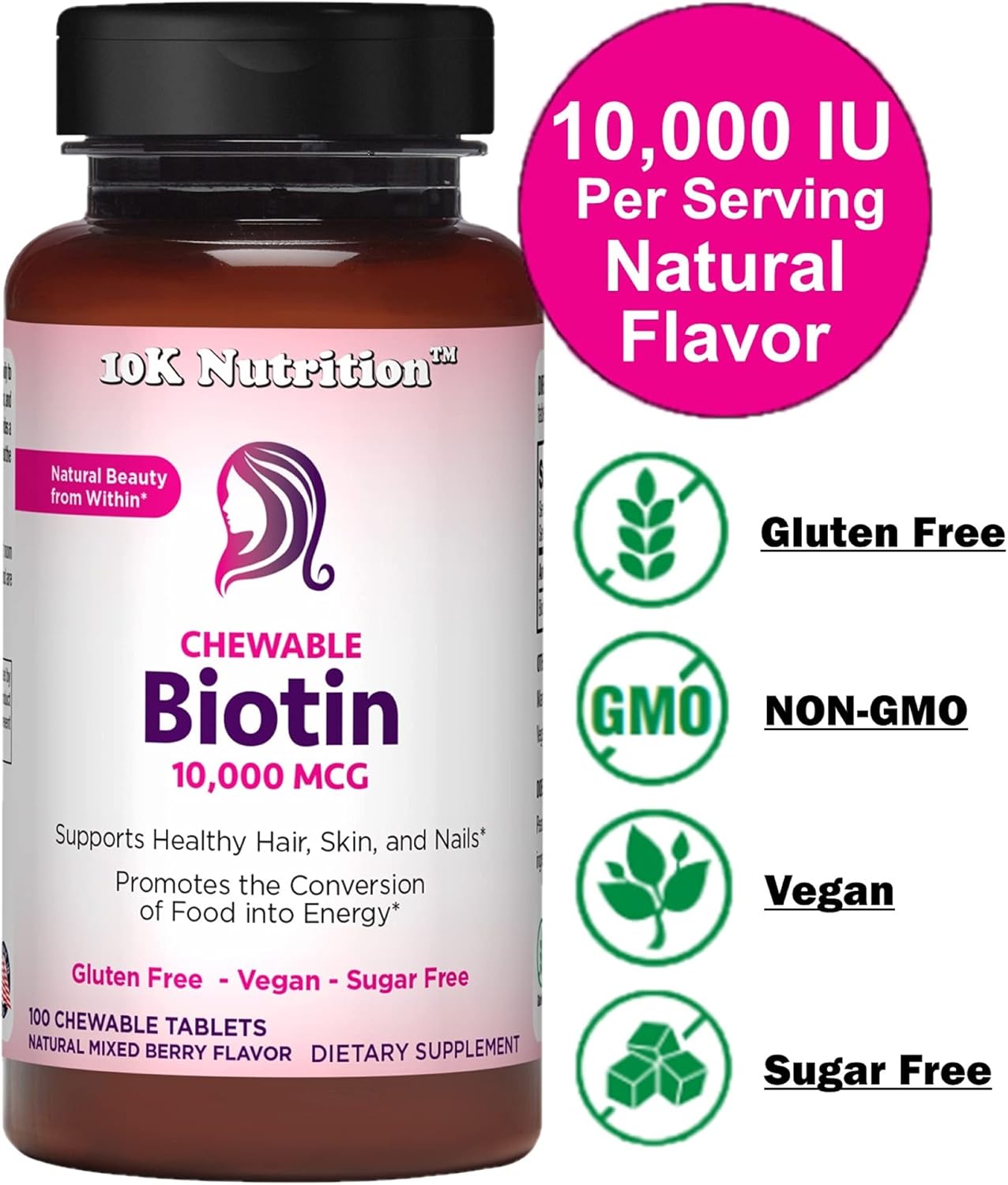 Vegan Chewable Biotin 10,000mcg Tablets - Mixed Berry Flavor - Supports Healthy Hair, Skin & Nails - Non-GMO - Gluten & Sugar Free - 100 Count