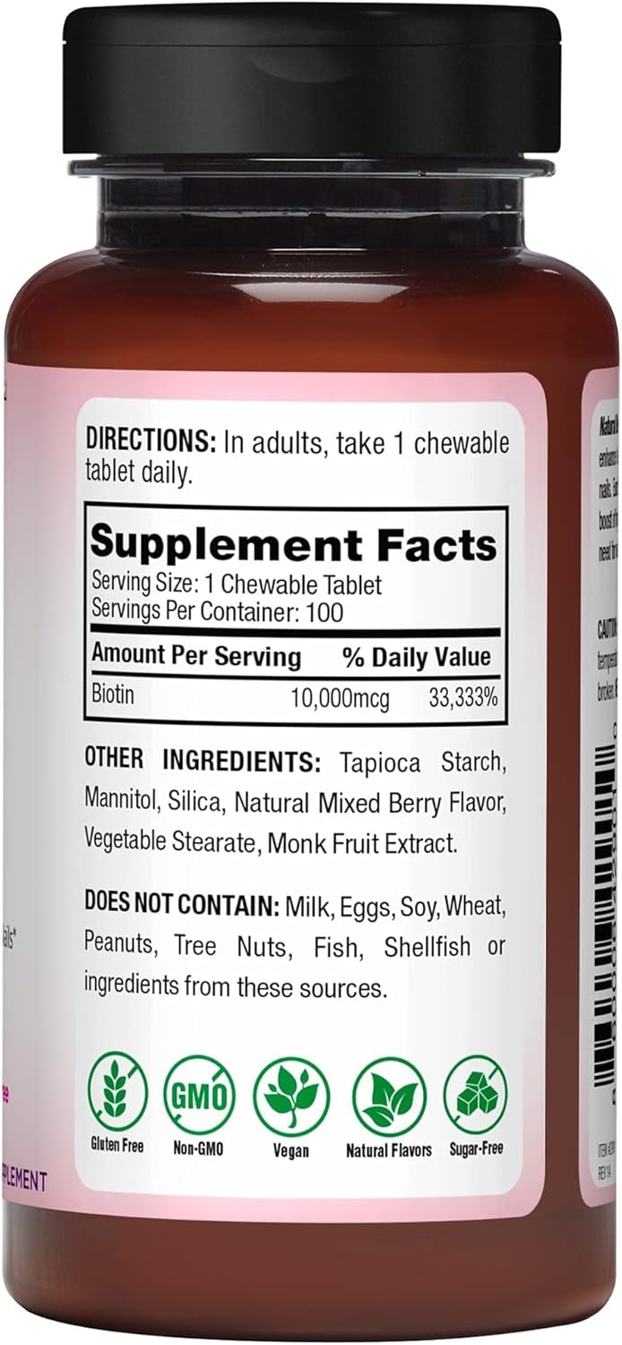 Vegan Chewable Biotin 10,000mcg Tablets - Mixed Berry Flavor - Supports Healthy Hair, Skin & Nails - Non-GMO - Gluten & Sugar Free - 100 Count