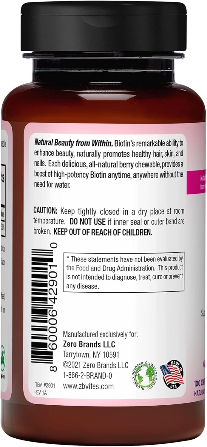 Vegan Chewable Biotin 10,000mcg Tablets - Mixed Berry Flavor - Supports Healthy Hair, Skin & Nails - Non-GMO - Gluten & Sugar Free - 100 Count