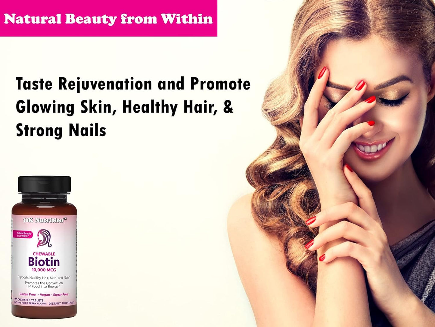 Vegan Chewable Biotin 10,000mcg Tablets - Mixed Berry Flavor - Supports Healthy Hair, Skin & Nails - Non-GMO - Gluten & Sugar Free - 100 Count