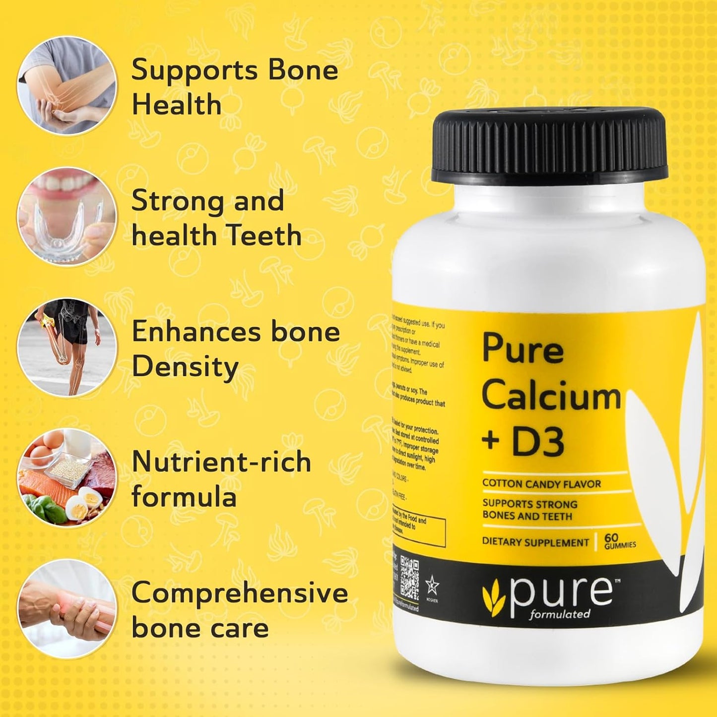 Vegan Chewable Calcium + Vitamin D3 Gummies for Bone & Teeth Support - 1000 IU - Gluten and Dairy Free - Kosher - 60 Gummies