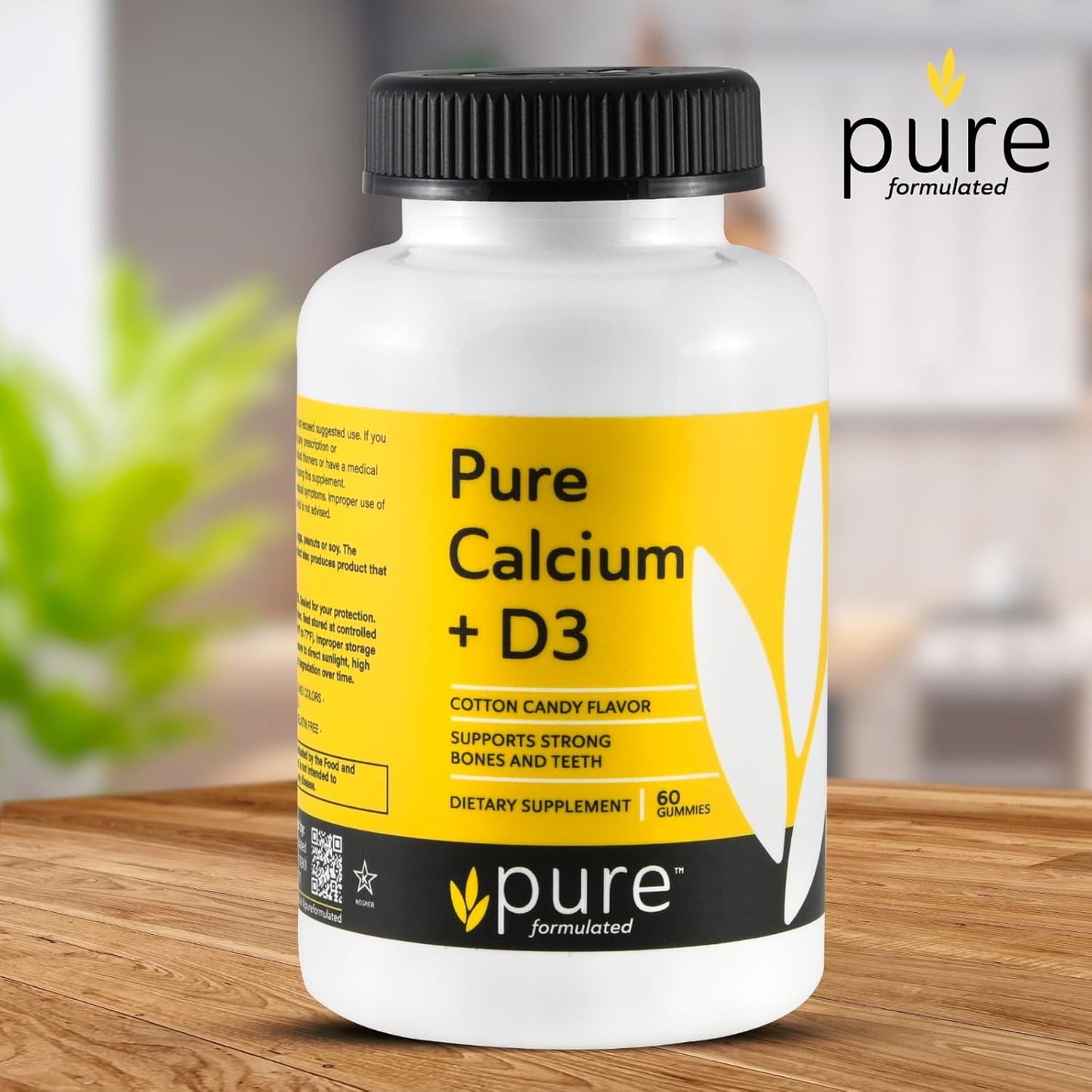 Vegan Chewable Calcium + Vitamin D3 Gummies for Bone & Teeth Support - 1000 IU - Gluten and Dairy Free - Kosher - 60 Gummies
