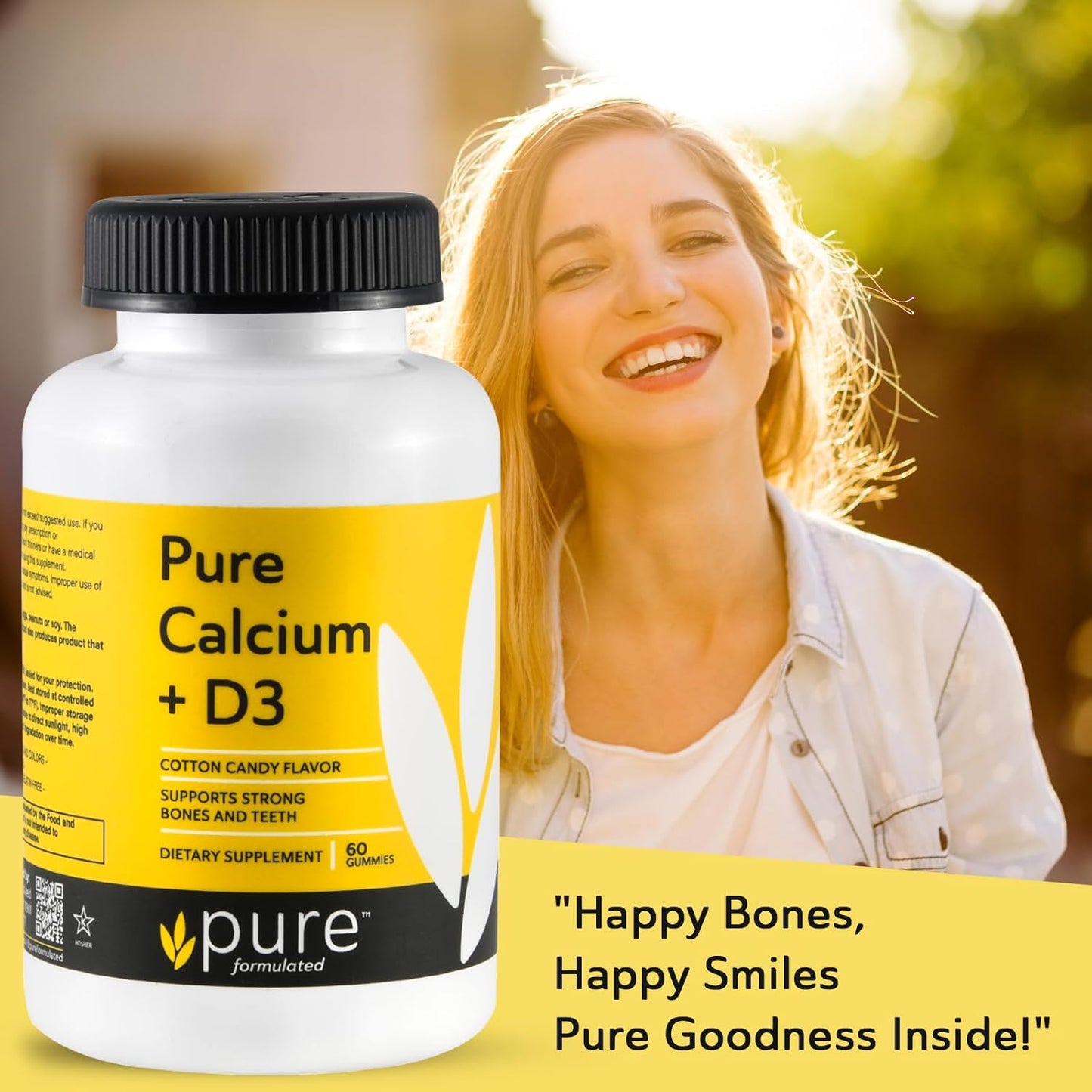 Vegan Chewable Calcium + Vitamin D3 Gummies for Bone & Teeth Support - 1000 IU - Gluten and Dairy Free - Kosher - 60 Gummies