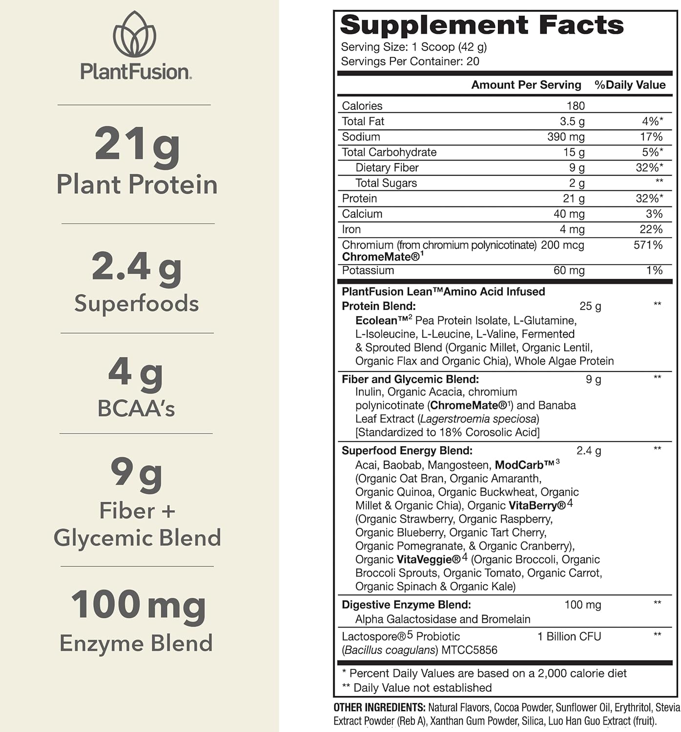 Vegan Chocolate Brownie Plant-Based Protein Powder with Prebiotic Fiber & Superfoods - 1.85 lb