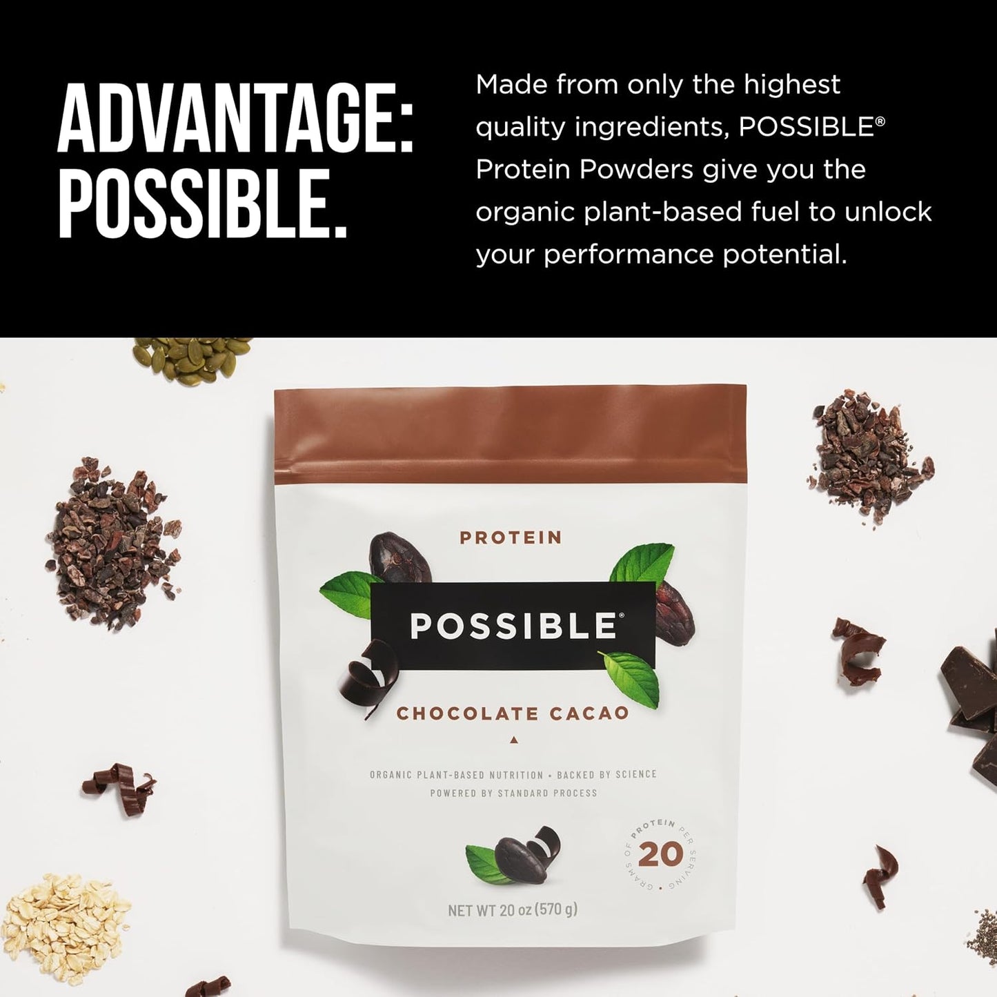 Vegan Chocolate Cacao Protein Powder - 20g Plant-Based Protein Mix - Non-GMO, Gluten-Free - 3.5g BCAAs - 9 Essential Amino Acids - 15-Day Supply