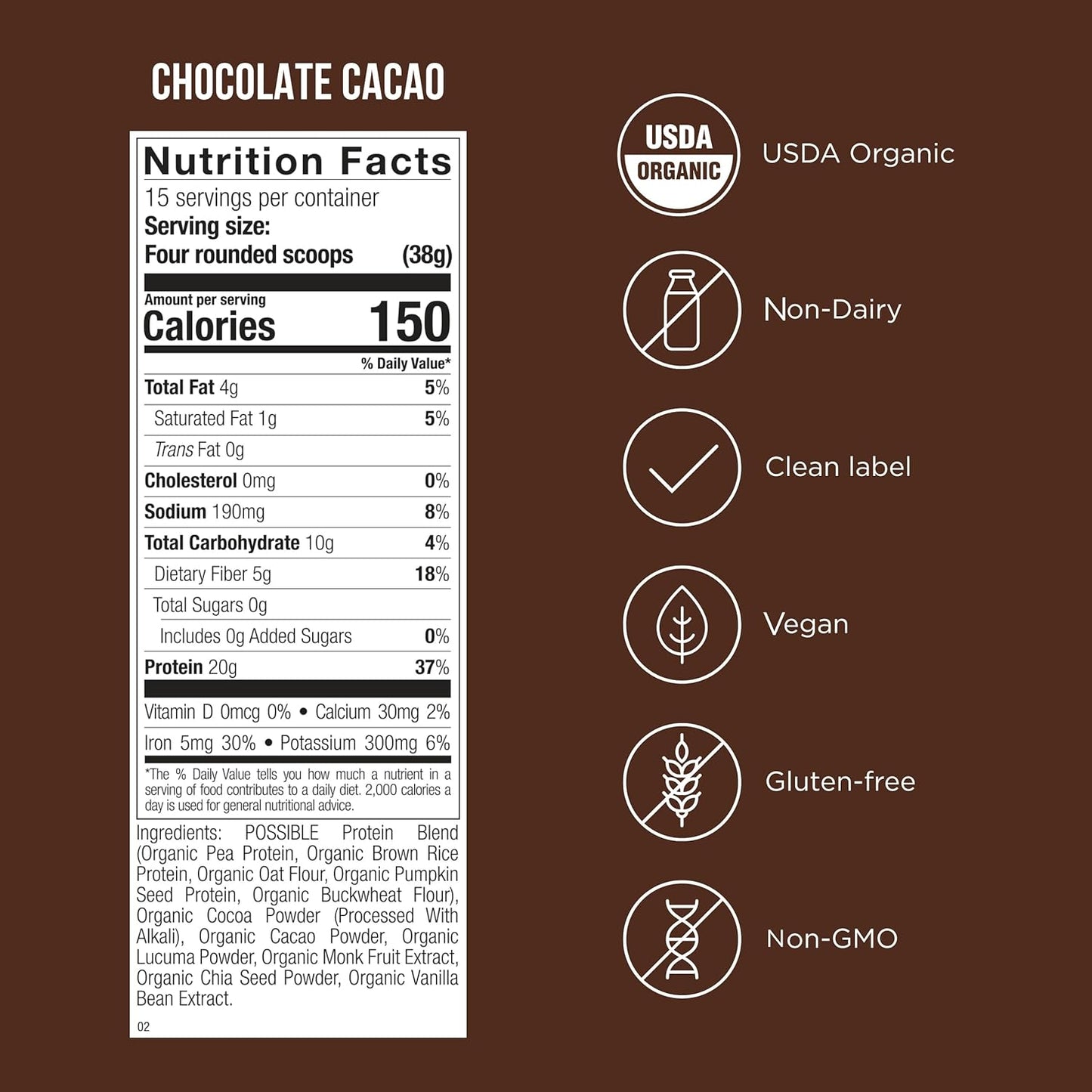 Vegan Chocolate Cacao Protein Powder - 20g Plant-Based Protein Mix - Non-GMO, Gluten-Free - 3.5g BCAAs - 9 Essential Amino Acids - 30-Day Supply - 2 Bags, 30 Servings
