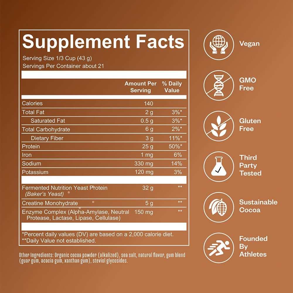 Vegan Chocolate Protein Powder with Creatine Monohydrate, Digestive Enzymes, 21 Servings for Building and Recovery