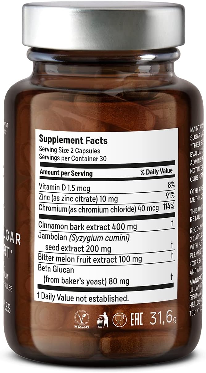 Vegan Cinnamon Extract & Bitter Melon Capsules with Syzygium cumini, Beta Glucan, and Chromium - 60 Count
