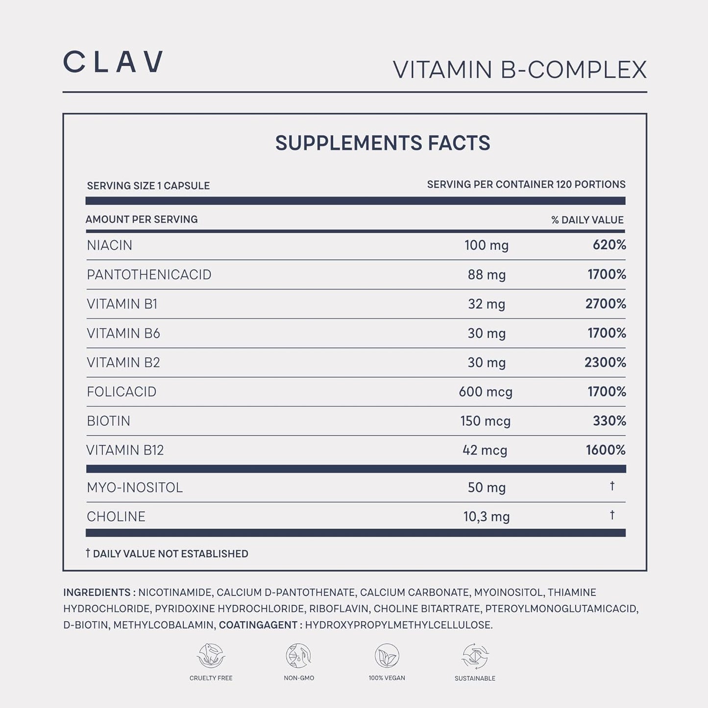 Vegan CLAV B Complex with Myo-Inositol & Choline - 120 Capsules - Energy Metabolism Support - Made in Germany