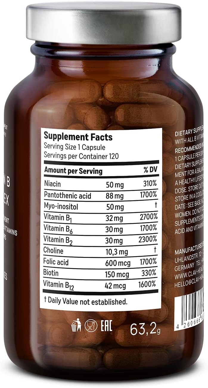 Vegan CLAV B Complex with Myo-Inositol & Choline - 120 Capsules - Energy Metabolism Support - Made in Germany