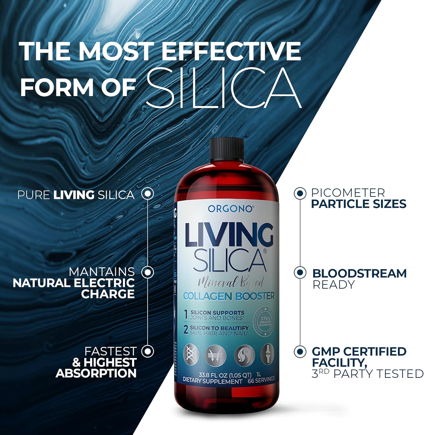 Vegan Collagen Booster Drink for Healthy Joints, Skin, Hair & Nails | Orgono Living Silica Liquid Formula for Collagen & Elastin Production