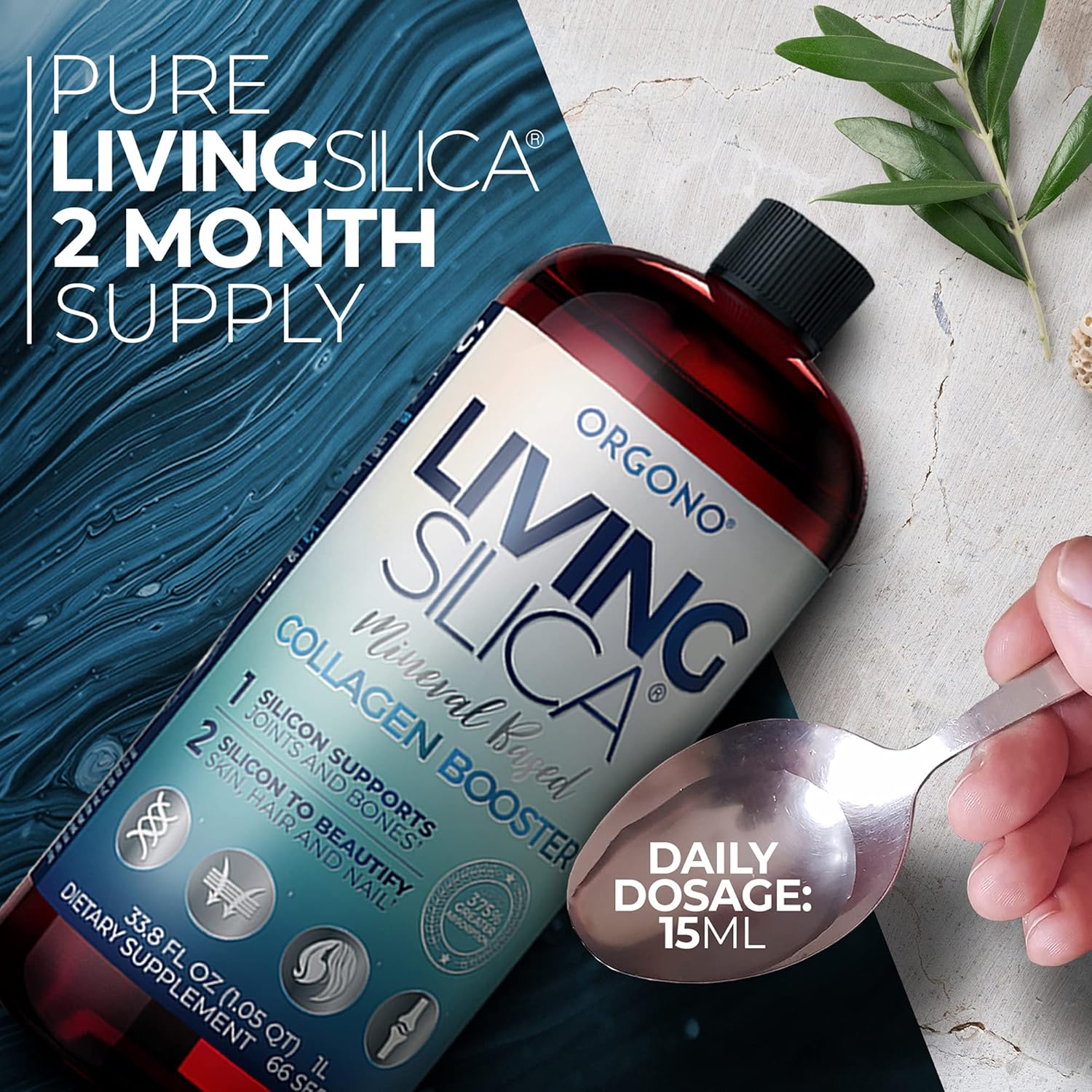 Vegan Collagen Booster Drink for Healthy Joints, Skin, Hair & Nails | Orgono Living Silica Liquid Formula for Collagen & Elastin Production