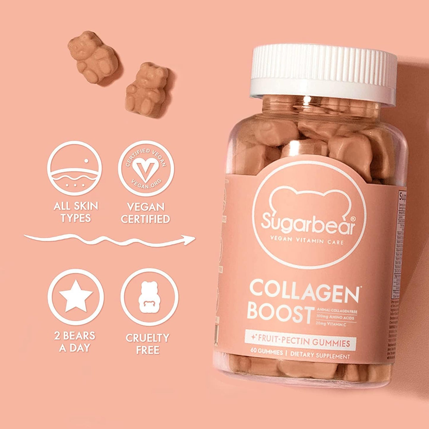 Vegan Collagen-Boosting Multivitamin Gummies with Amino Acids, Vitamin C, D, B-12, Biotin - Promotes Hair, Nail, Skin, Bone & Joint Health - 60 Count